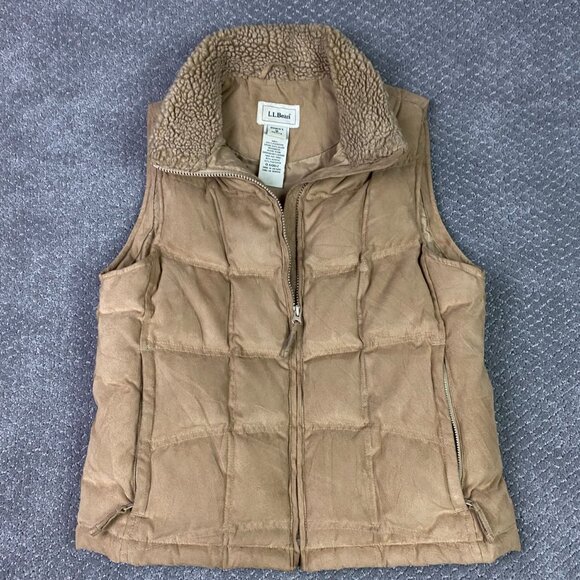 LL Bean Goose Down Puffer Vest Women's Medium Petite Tan Sherpa Collar Full Zip - Picture 1 of 10